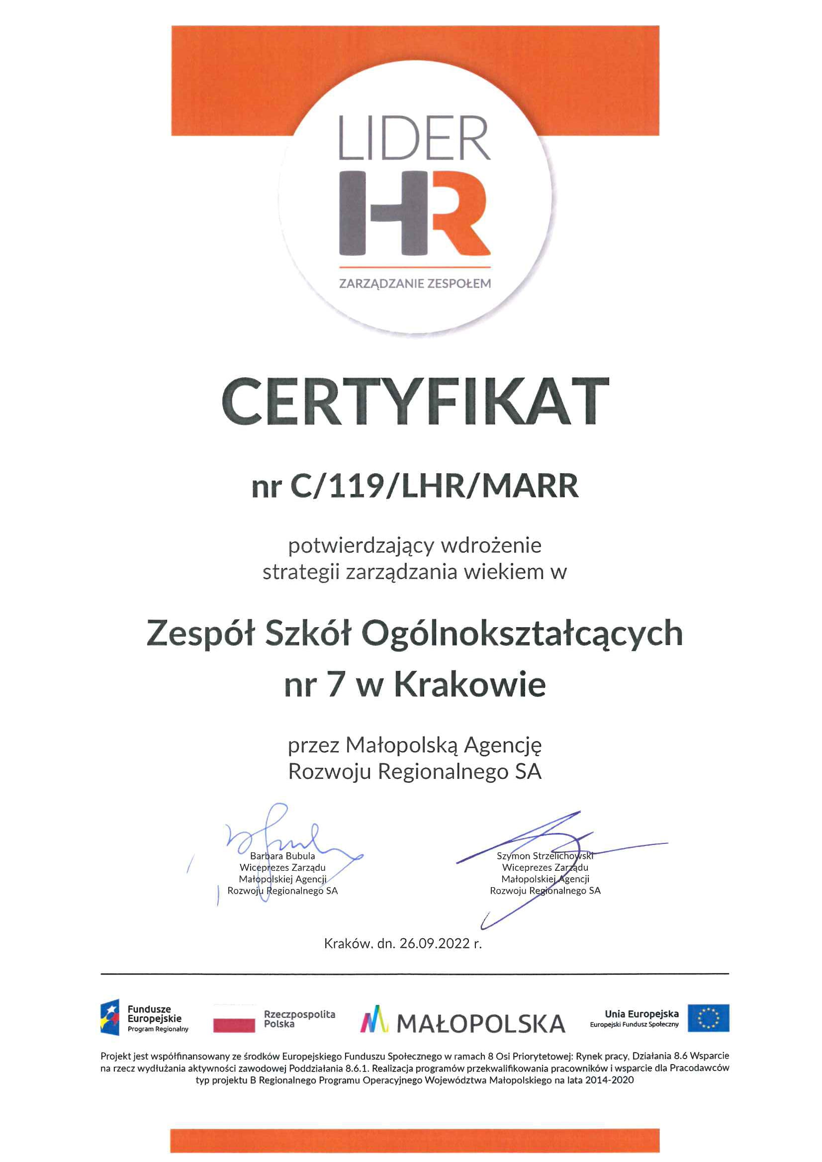 certyfikat - Lider HR Zarządzanie Zespołem